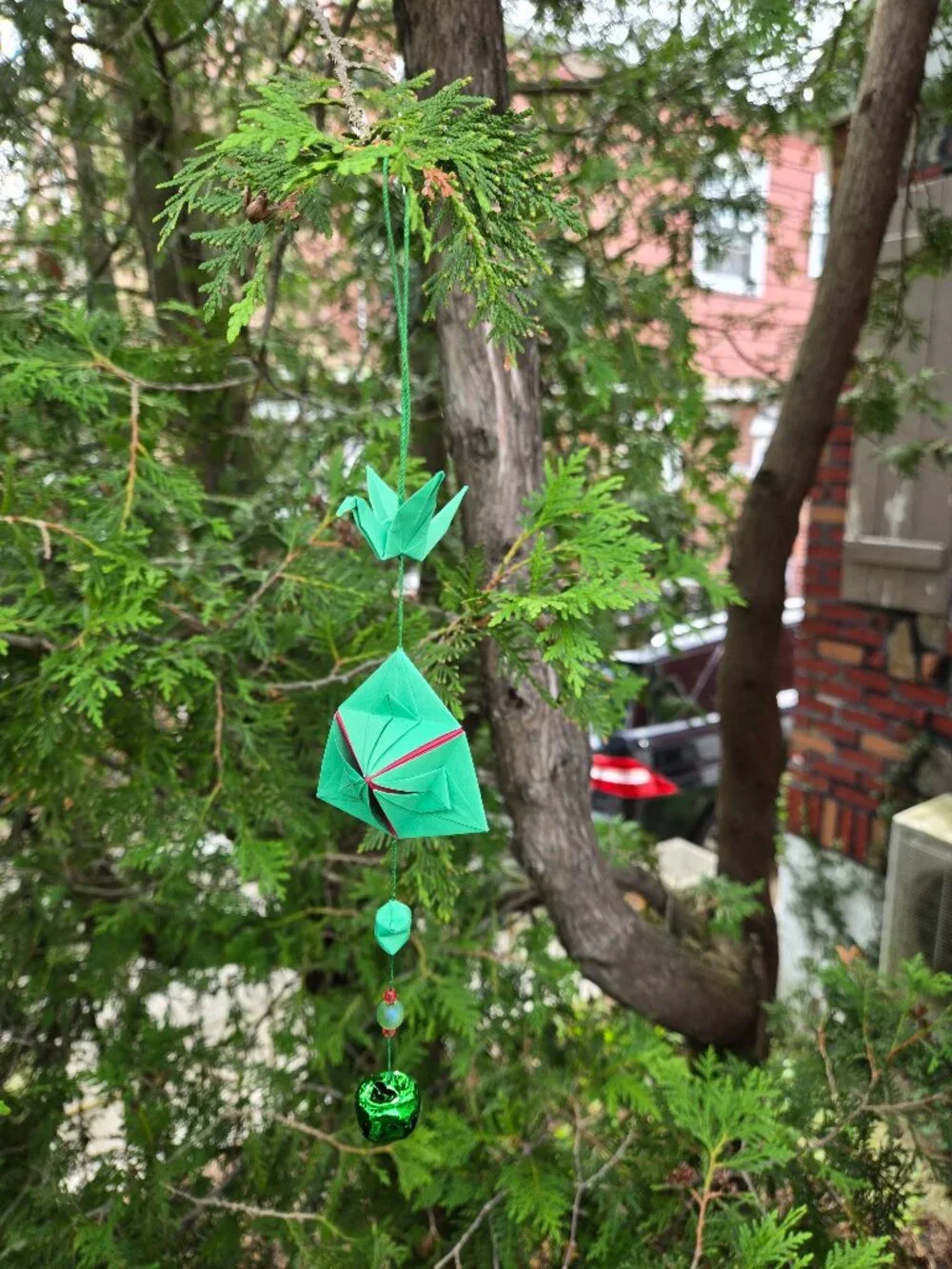 Handmade Origami Ornament | Red & Green Crane Bell